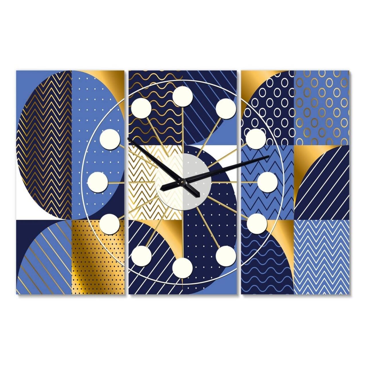 Designart Retro Luxury Waves in Gold & Blue IV Mid-Century Modern Multipanel Wall Clock